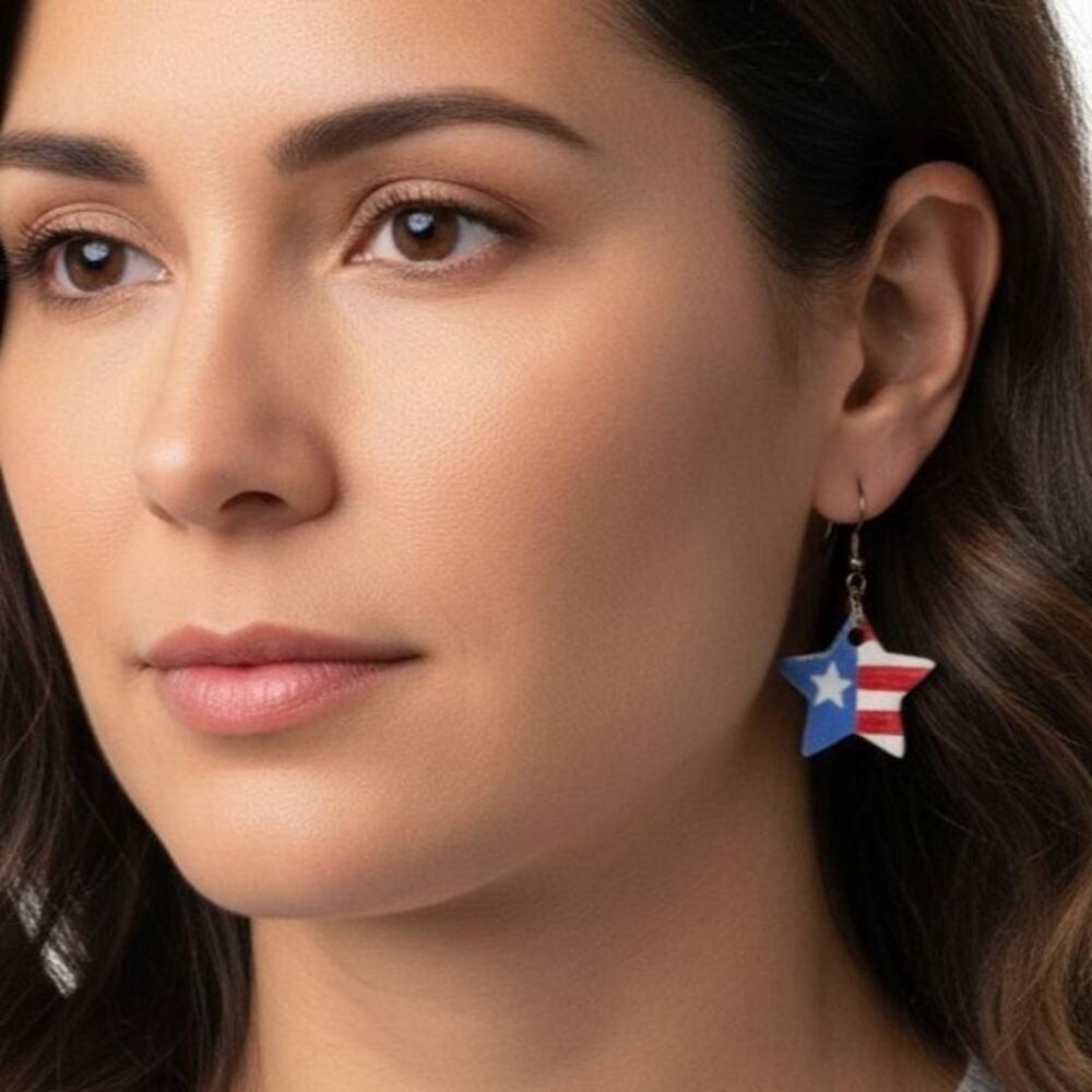 Patriotic star American flag USA July 4th hand painted porcelain earrings - Picture 2 of 6